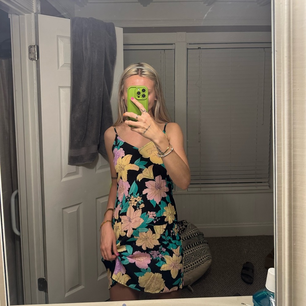 Billabong Yellow Teal Black and Pink Slip Dress Spaghetti Strap